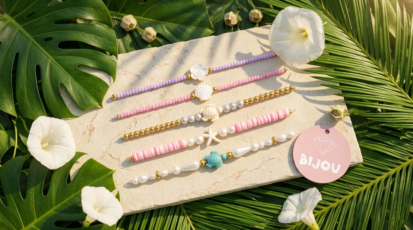 Lilac seed-bead bracelet with mother-of-pearl flower charm among tropical leaves