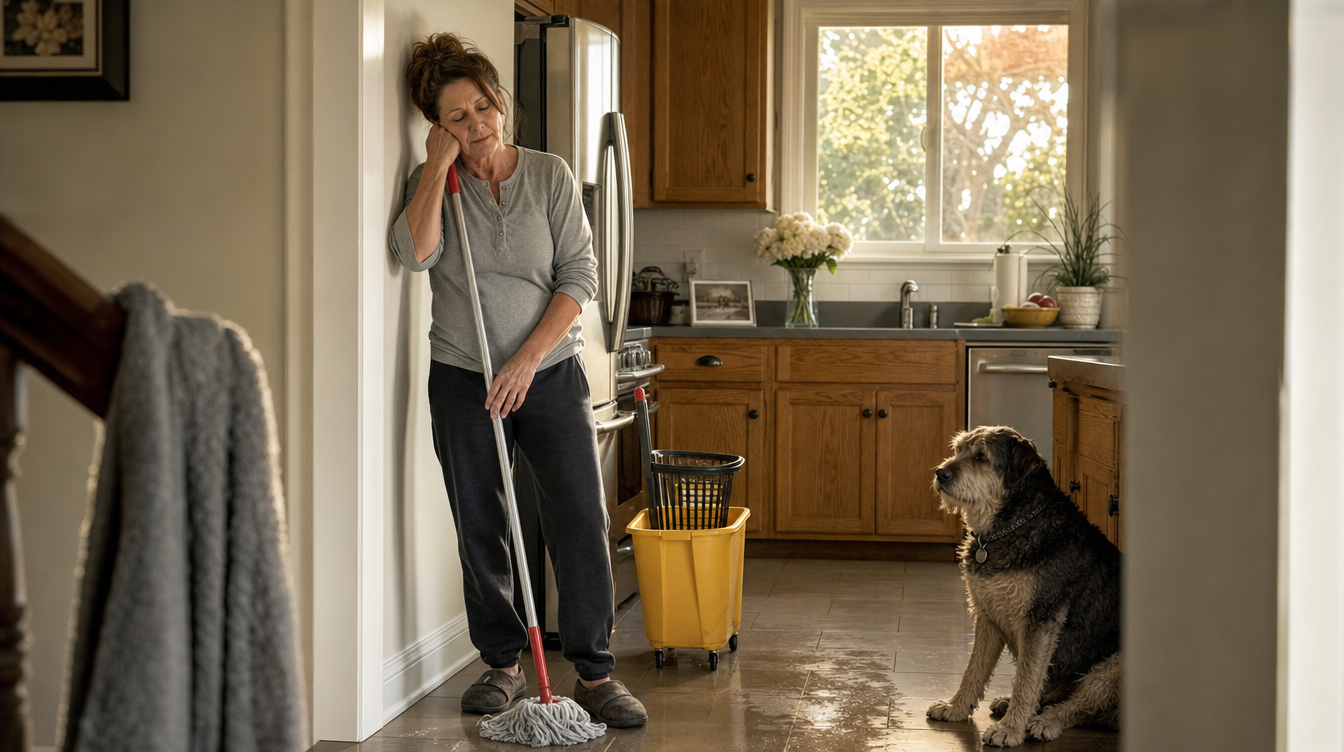A tired woman leaning on a mop in a kitchen doorway with a bucket beside her and a dog waiting nearby.