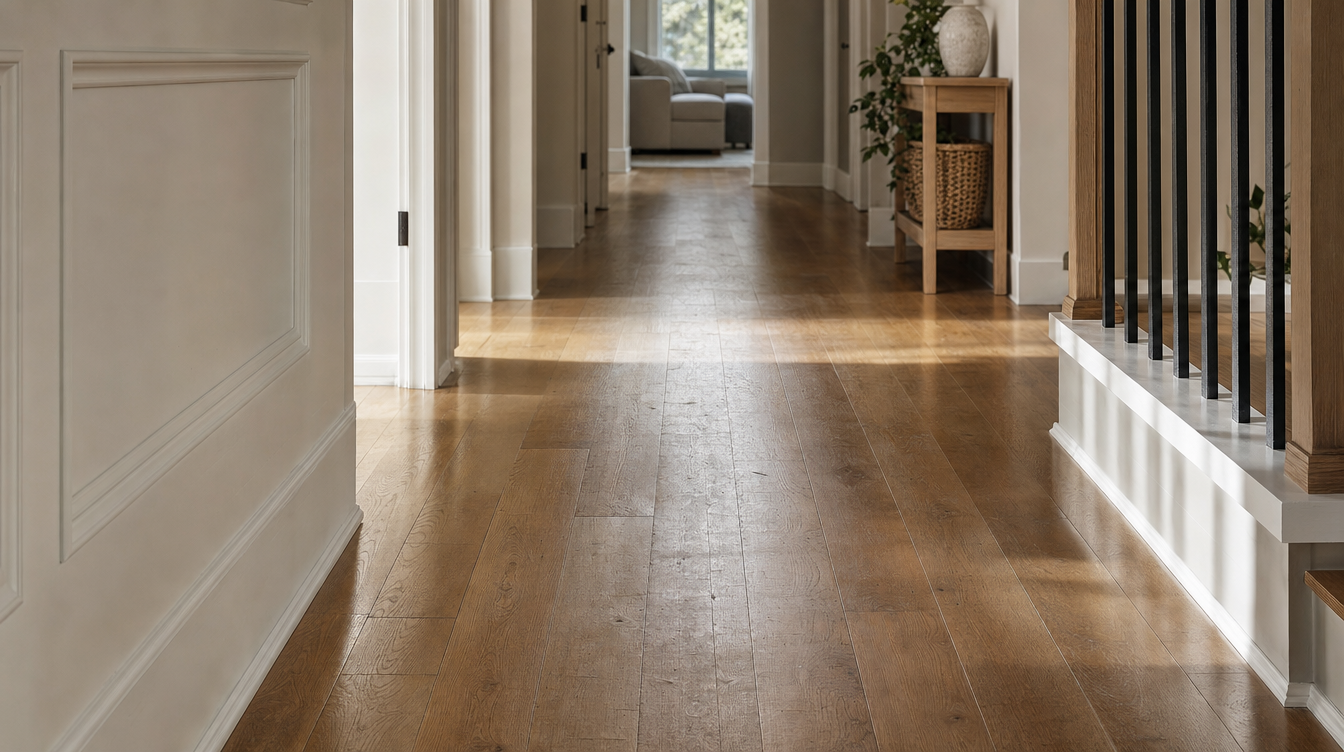 A hardwood hallway with a dulled worn path down the center and glossier finish at the protected edges.