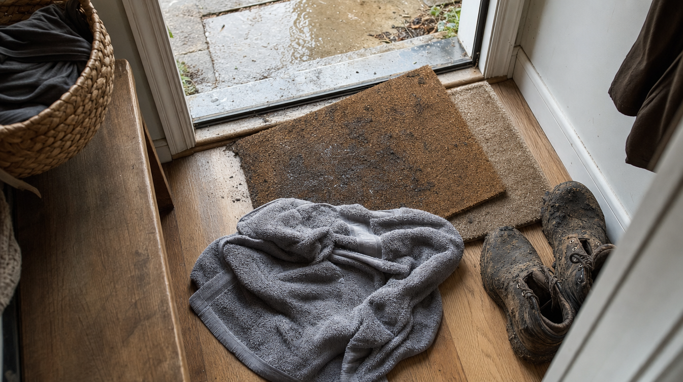 A crumpled damp towel and two thin doormats piled by an entryway door on a rainy day.