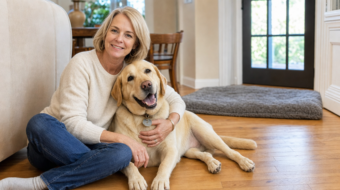 A woman sitting on a clean hardwood floor beside a Labrador, with an absorbent mat at the doorway behind them.