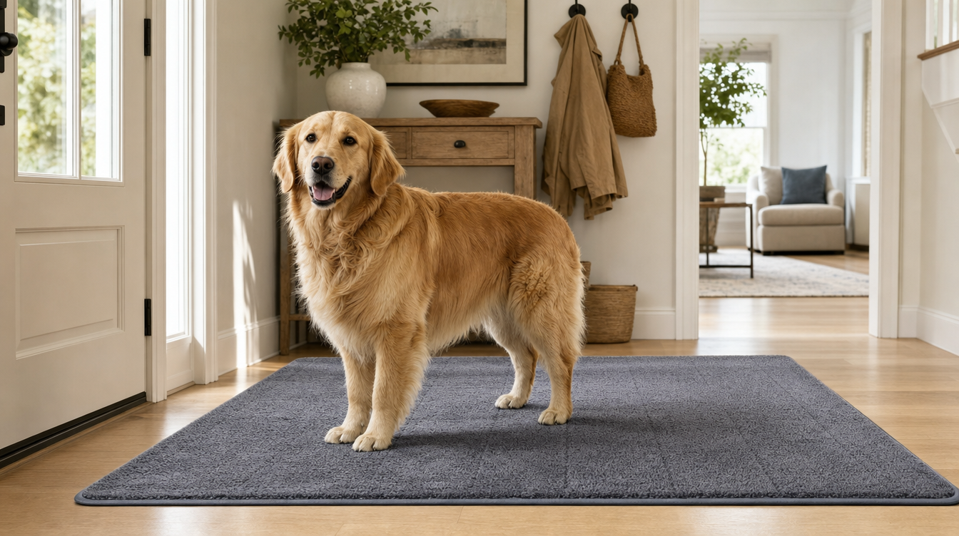 A gray absorbent mat laid inside a bright entryway with a golden retriever standing on it and clean hardwood beyond.