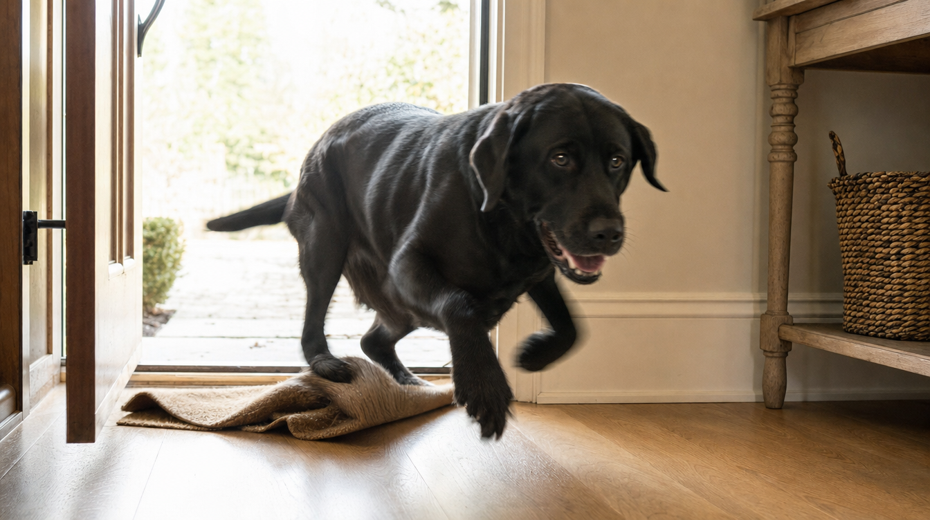 A large dog rushing through a doorway with the thin doormat rucked up and shoved aside under its paws.