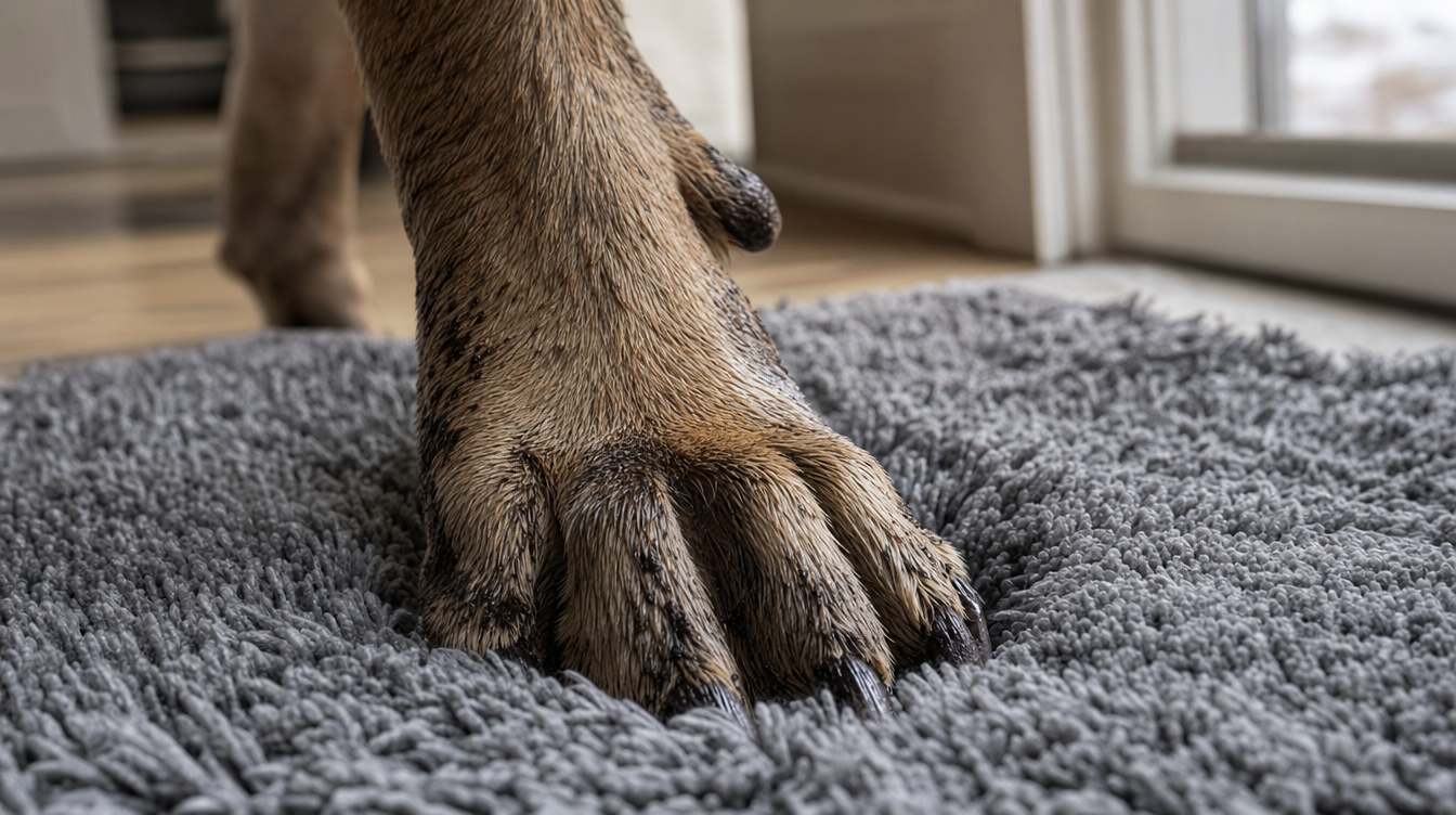 Close-up of a large dog's wet paw pressing into a deep, thick microfiber mat inside a doorway.