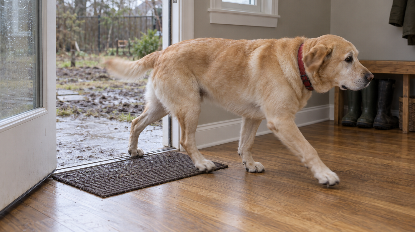 A large Labrador mid-stride crossing a small doormat in a doorway, front paws already past the mat.