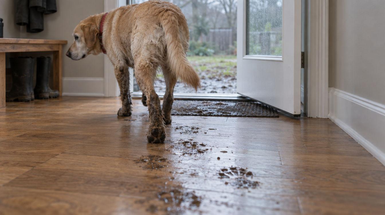 A wet yellow Labrador walking off a soaked doormat, leaving muddy paw prints across a hardwood floor.