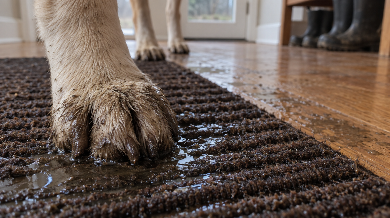 Close-up of a thin, flat doormat with water pooled on top of its short fibers.