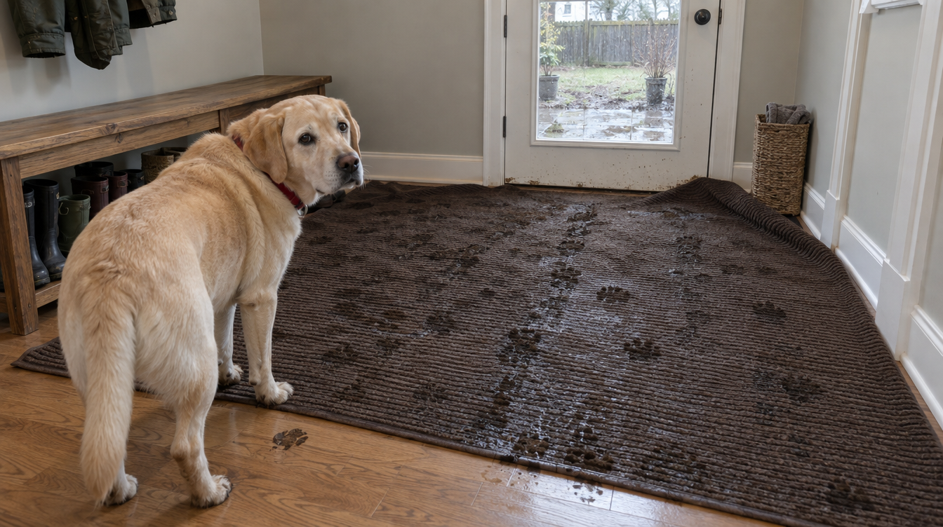 An oversized thin doormat filling a mudroom floor, with the same Labrador standing at its far edge on wet hardwood.