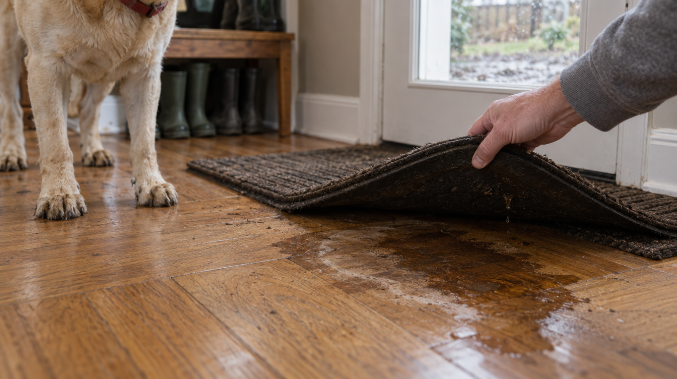 A hand lifting the corner of two stacked thin doormats to reveal a dark water ring on the hardwood underneath.