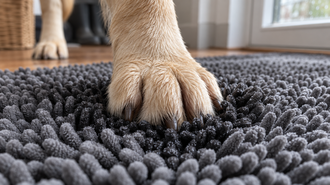Close-up of a wet Labrador paw pressing into a deep charcoal-gray chenille doormat, the fibers wrapping around the toes.