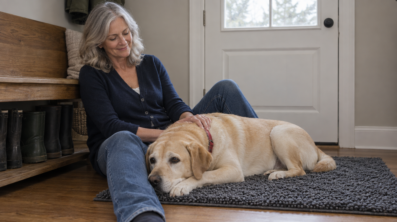 A woman in her fifties sitting on a clean hardwood floor beside a yellow Labrador resting on a gray chenille mat by the back door.