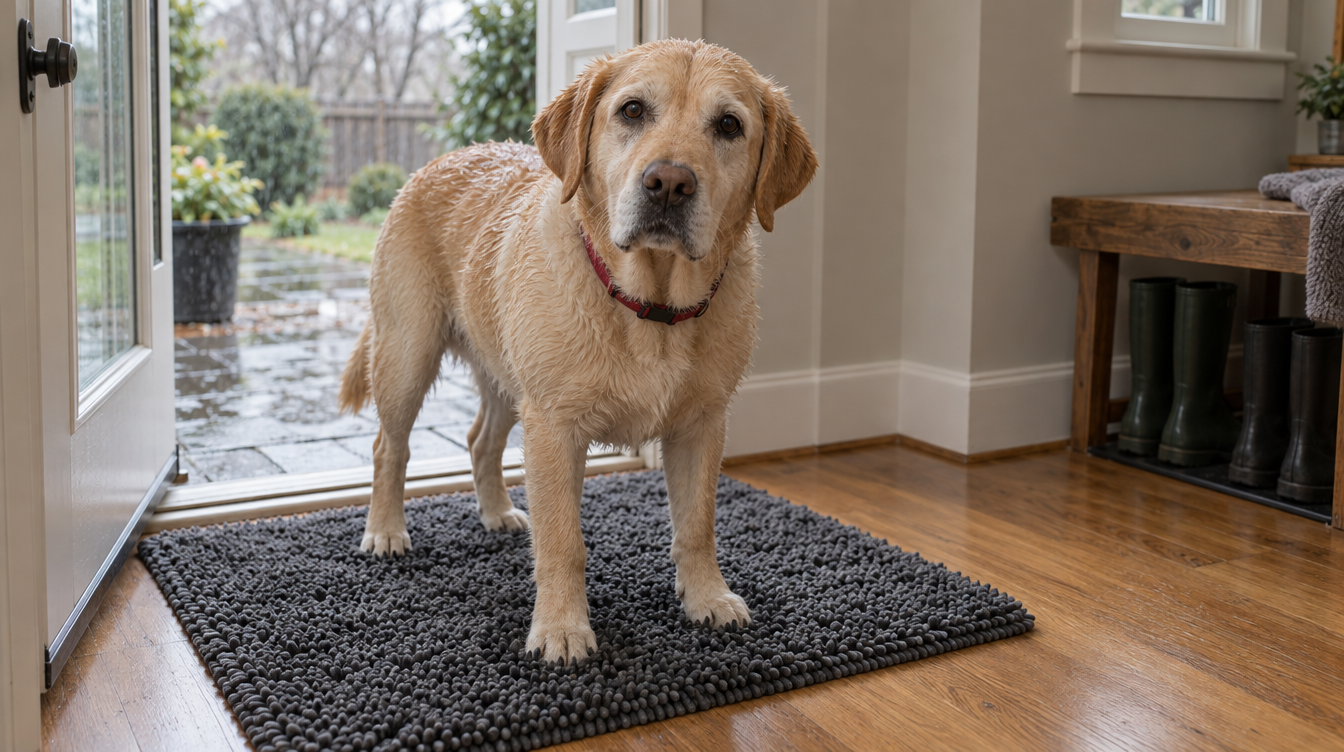 The same yellow Labrador standing on a thick charcoal-gray chenille doormat inside a back door, dry hardwood floor around it.