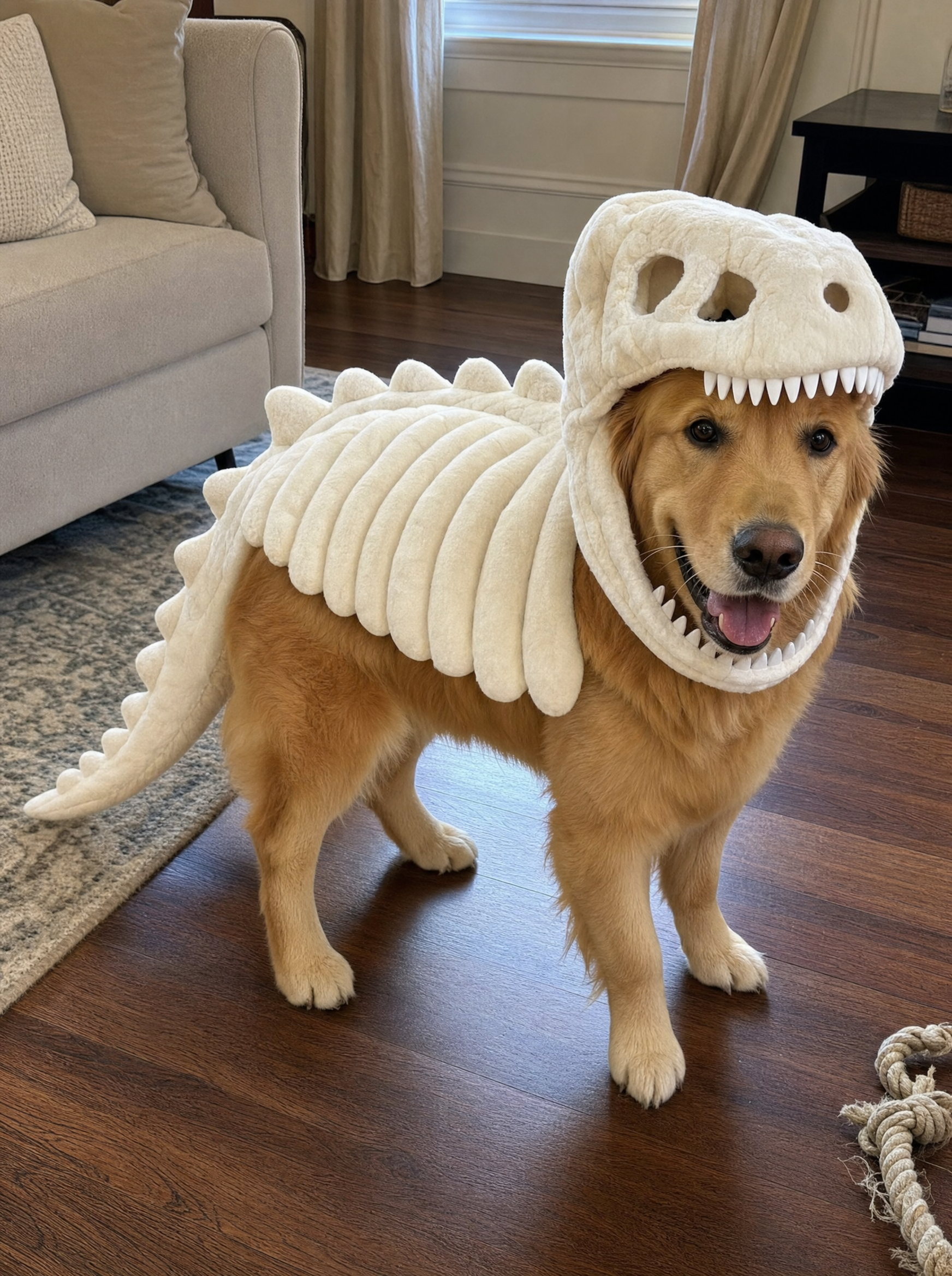 Dog wearing the Dino Skeleton Glow Suit