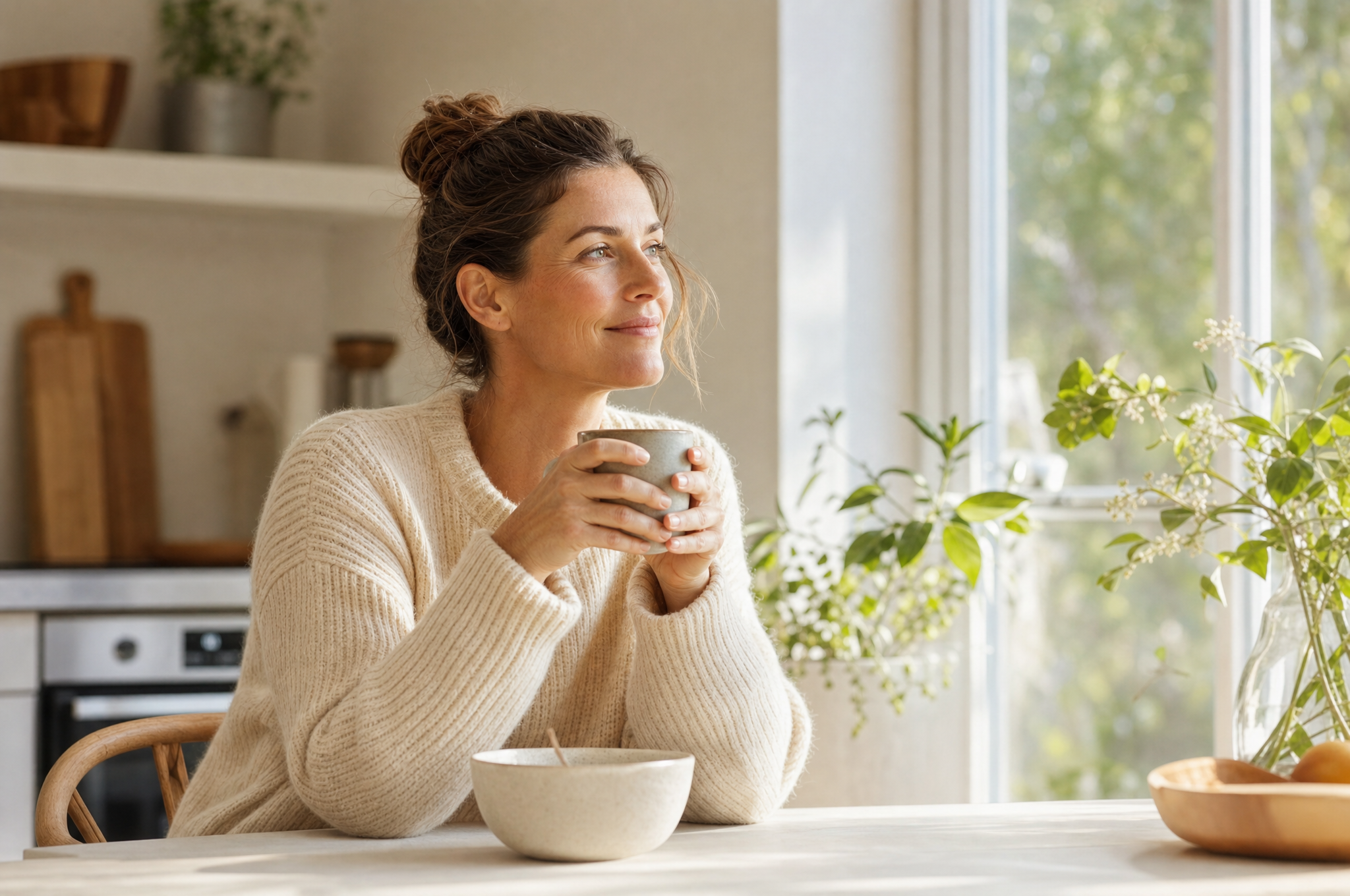Femme énergique tenant une tasse dans sa cuisine