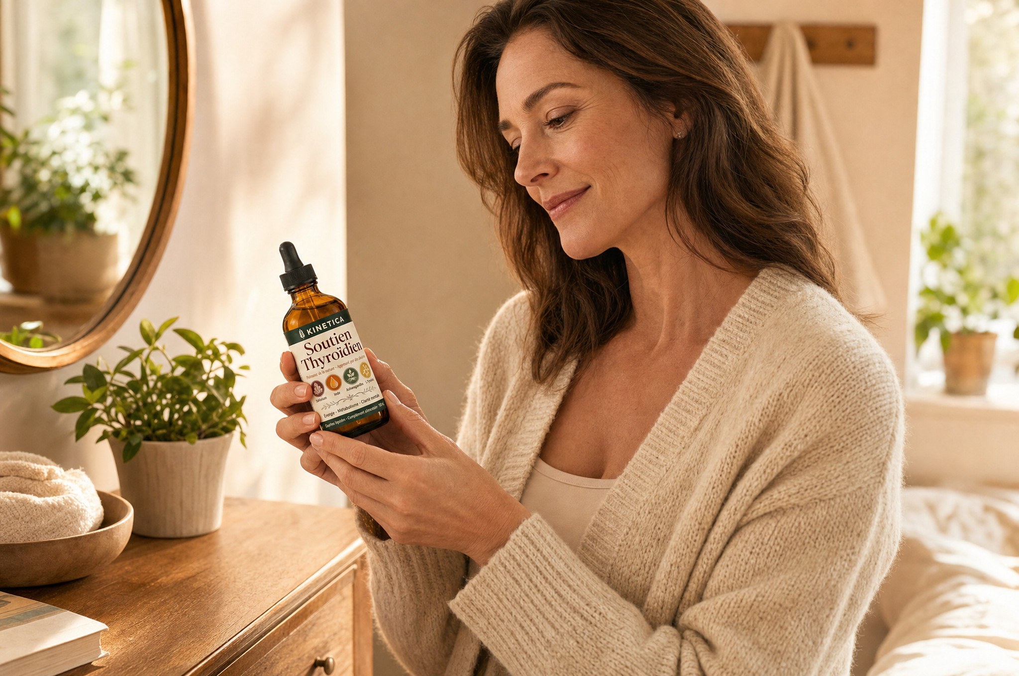 Femme tenant le flacon Kinetica Soutien Thyroïdien