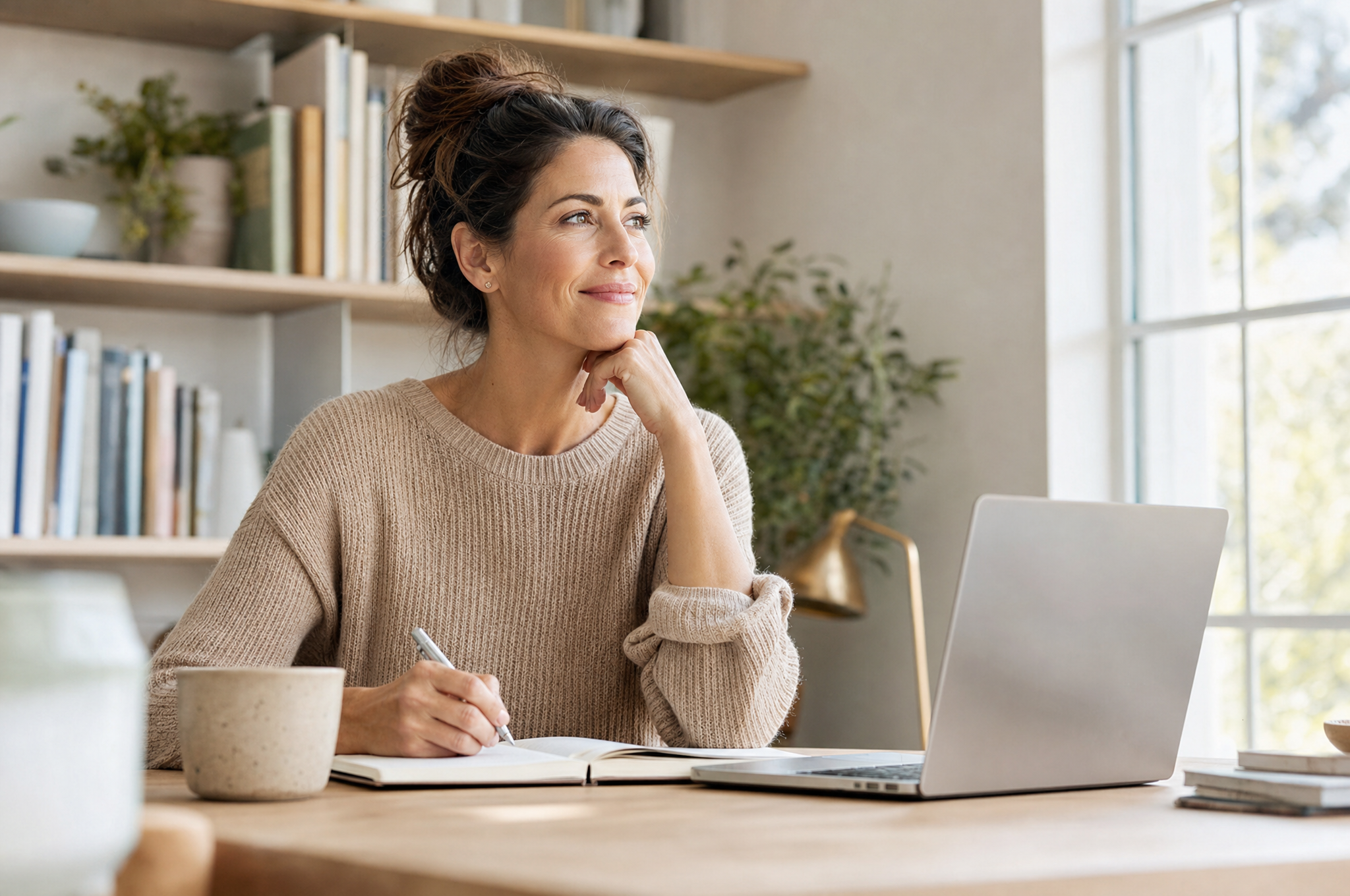 Femme concentrée et claire d'esprit à son bureau