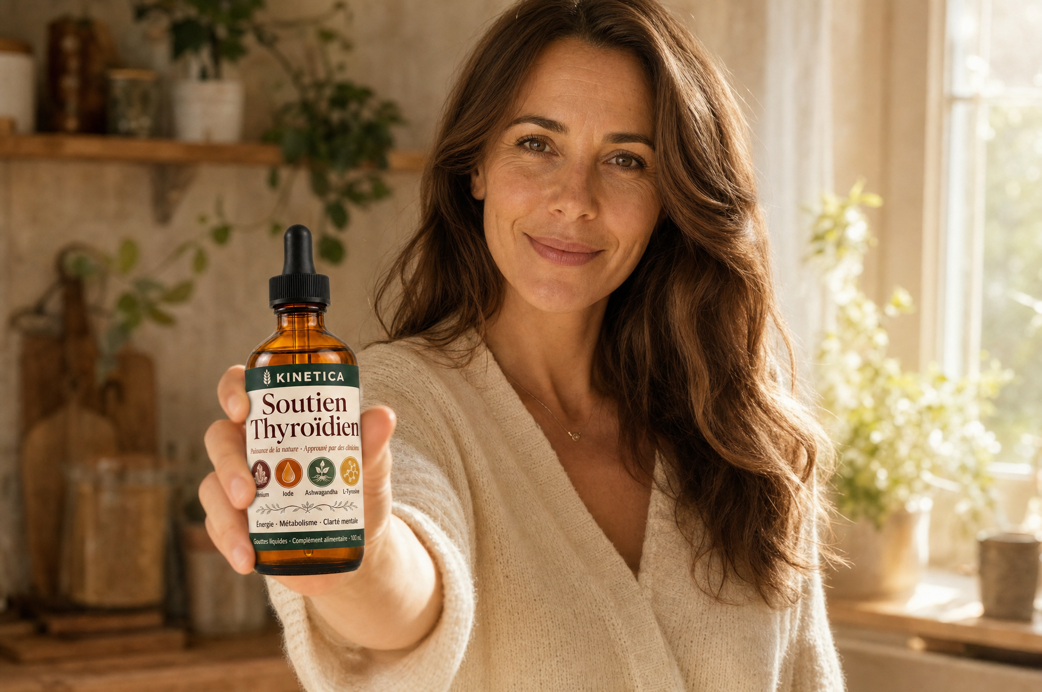 Femme tenant le flacon Kinetica Soutien Thyroïdien