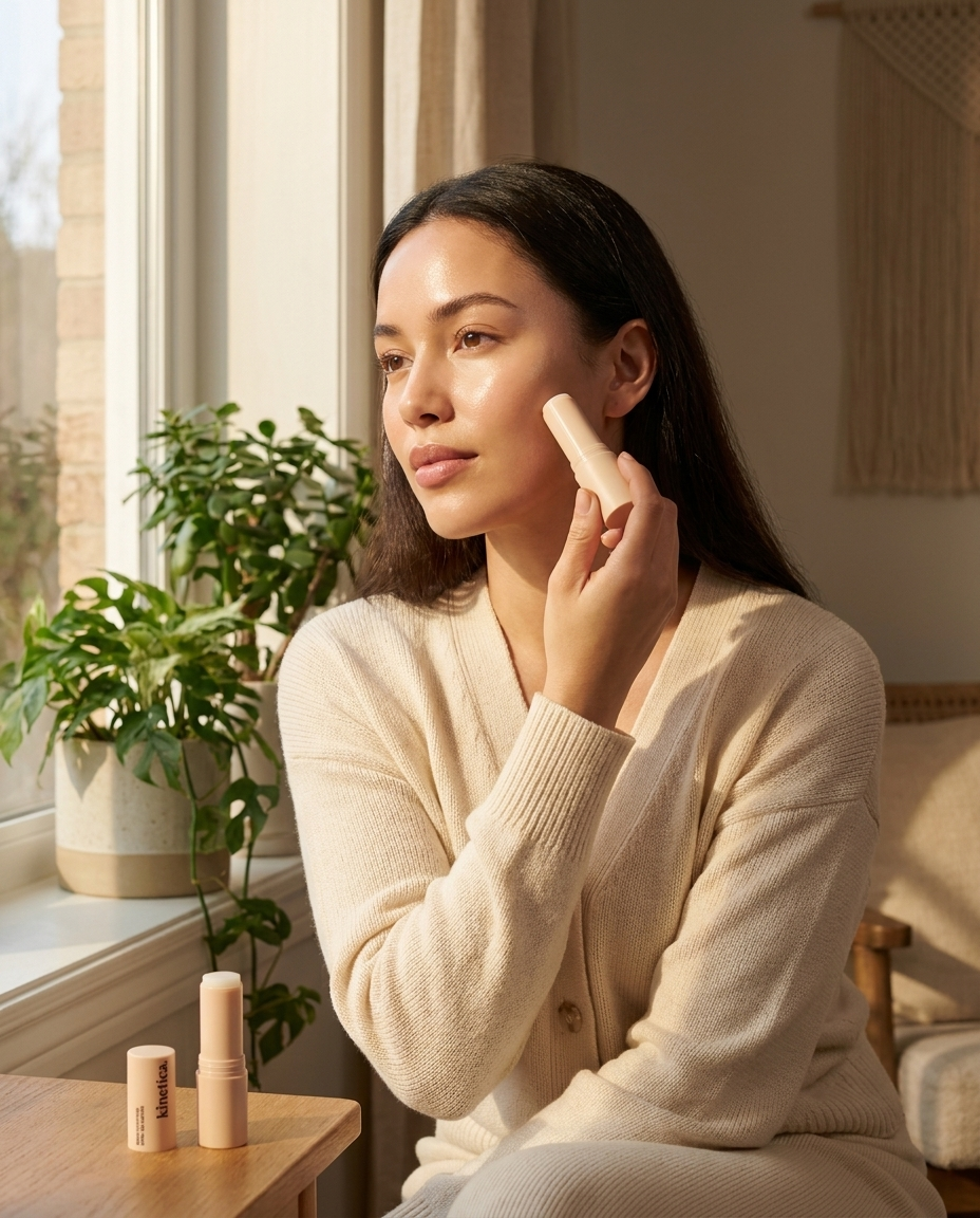 Cliente satisfaite tenant son sachet Kinetica en extérieur