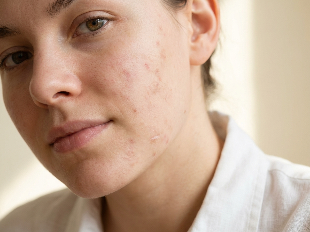 Gros plan de marques et de cicatrices d'acné sur le visage