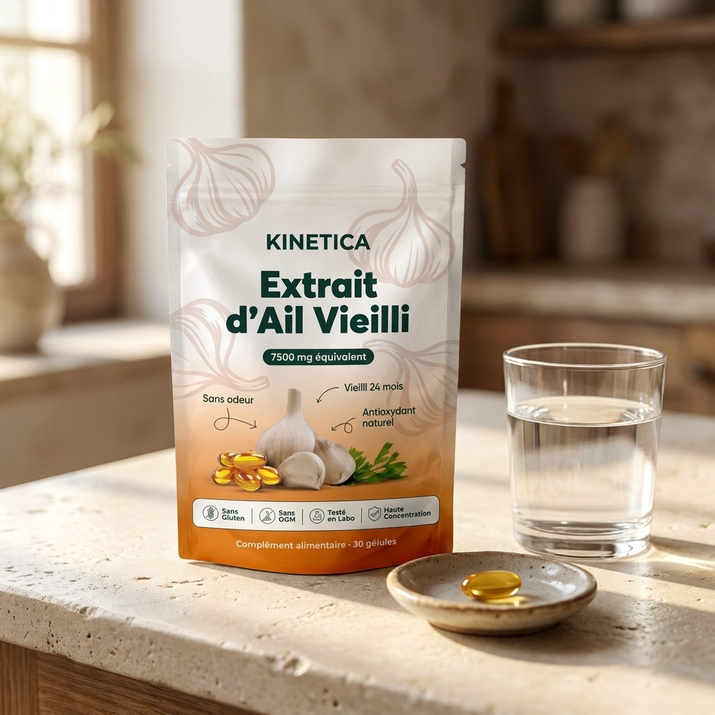 Flacon Kinetica Extrait d'Ail Vieilli avec extraits se diffusant dans un verre d'eau