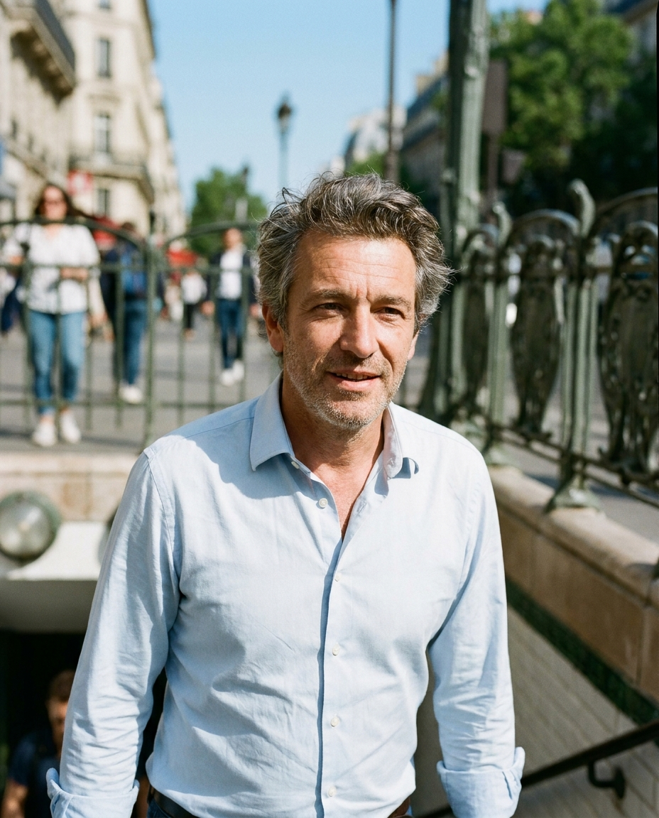 Le meme homme leger et plein d energie a la sortie du metro