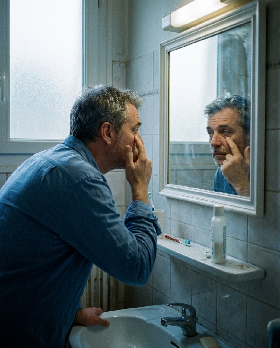Le matin devant le miroir, le visage encore bouffi