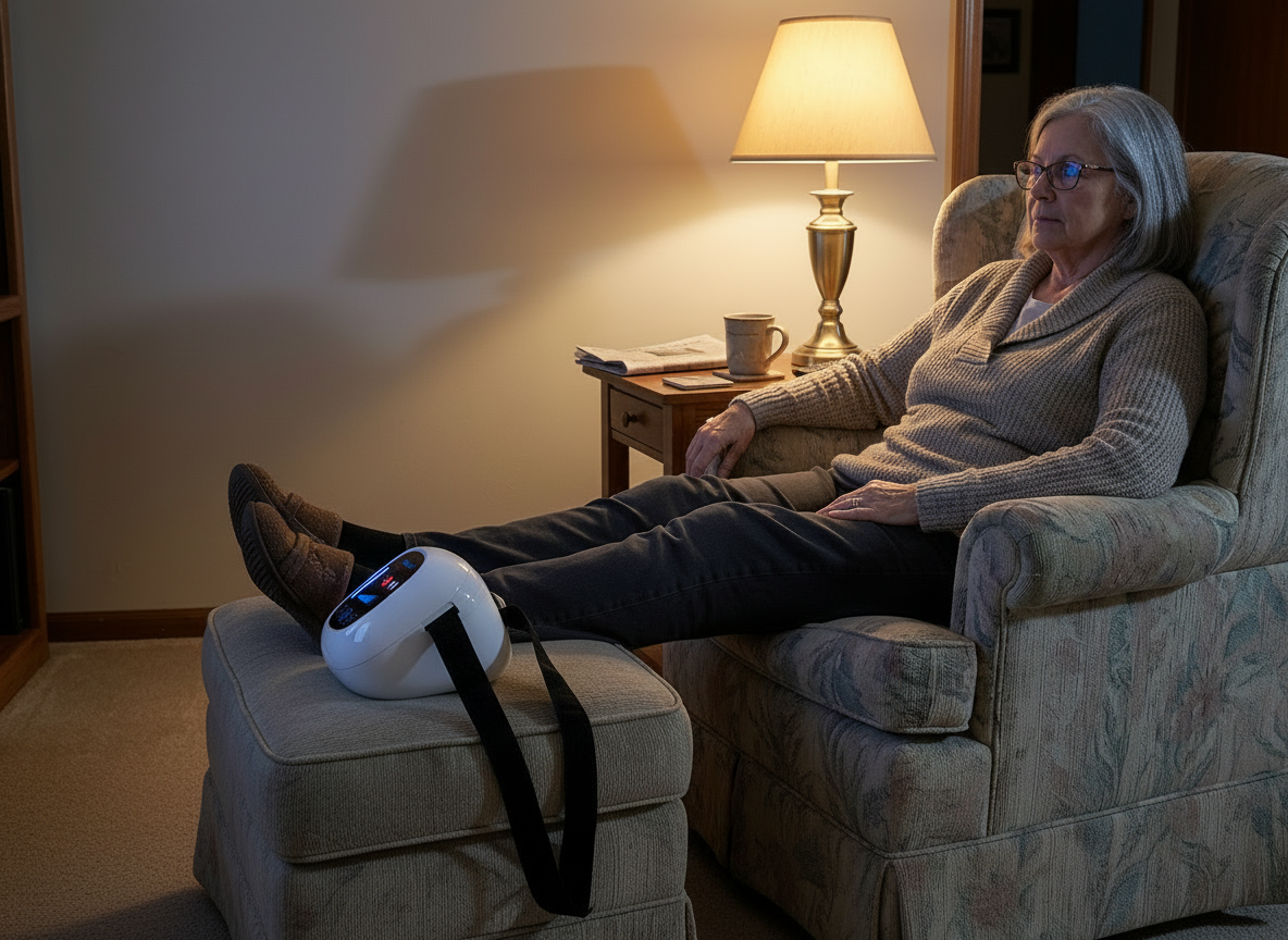 A woman settling into her armchair in the evening