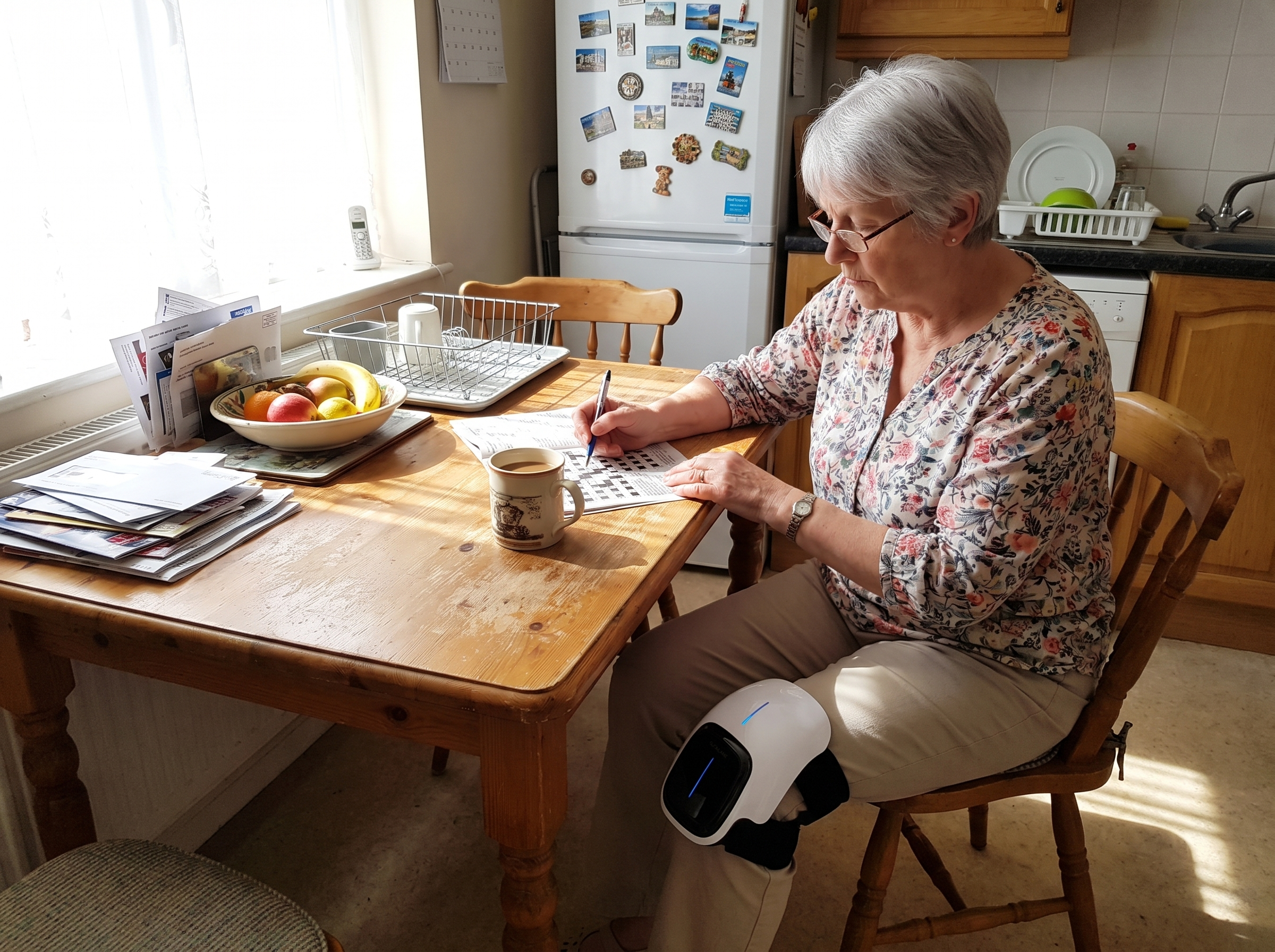A woman doing her crossword at the kitchen table with the TUCKLANE wrap on her knee