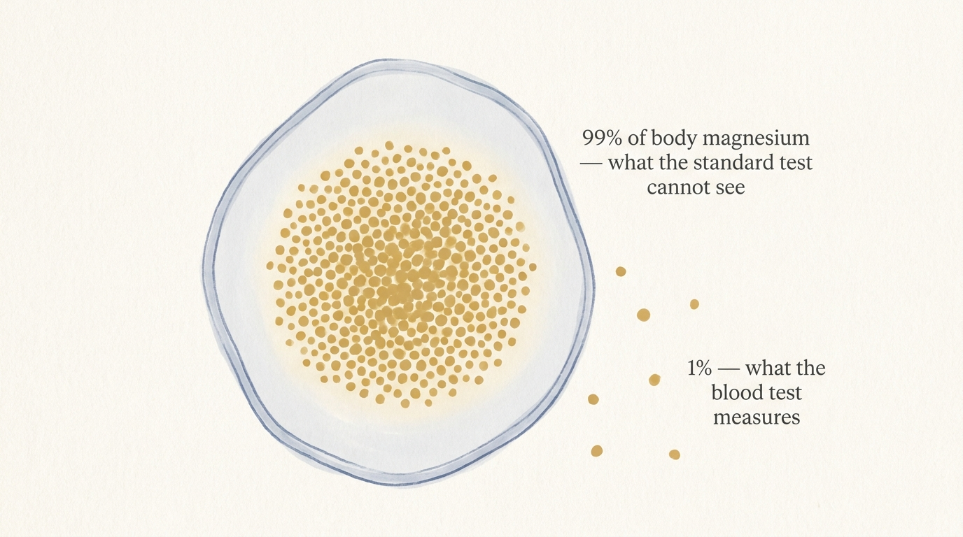 Editorial diagram showing 99% intracellular magnesium vs 1% measured by standard blood test