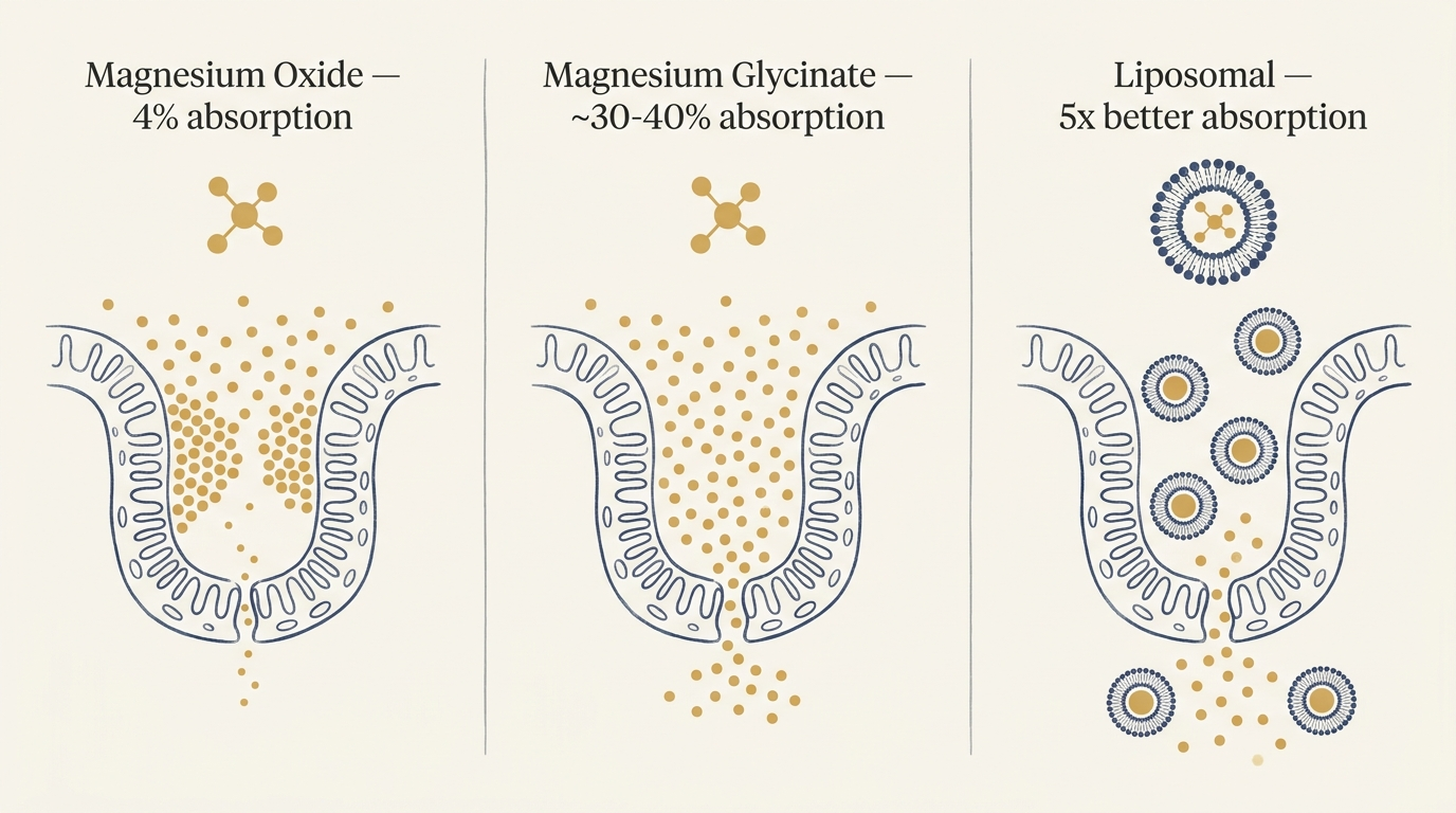 Three-panel comparison illustration of magnesium oxide vs glycinate vs liposomal absorption