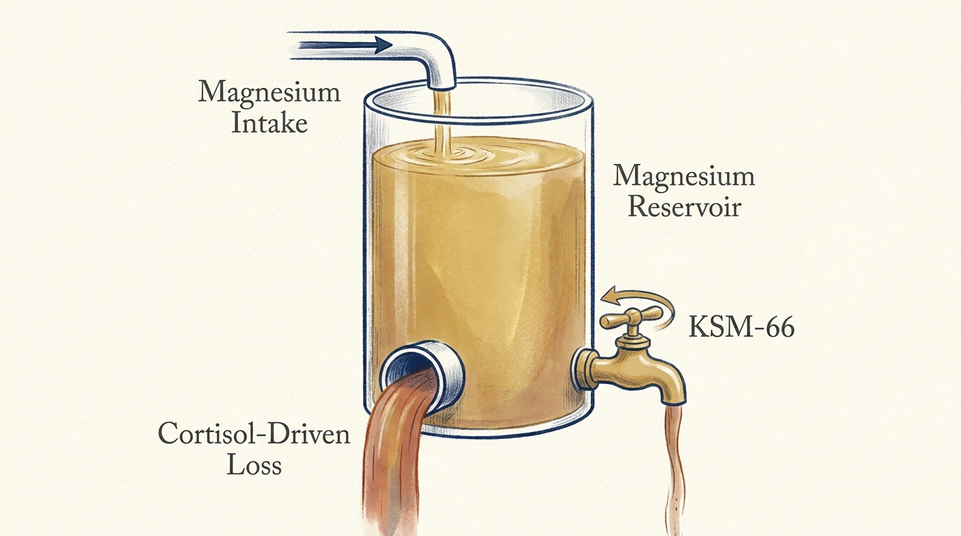 Editorial illustration of magnesium reservoir tank with KSM-66 closing the cortisol-driven drain
