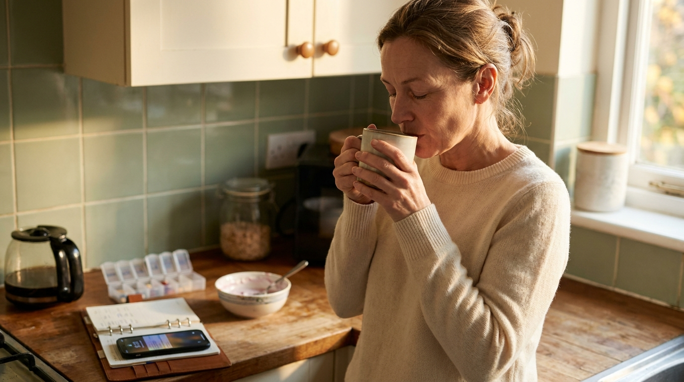 Woman in her late forties at a kitchen counter taking the first sip of coffee in soft morning light