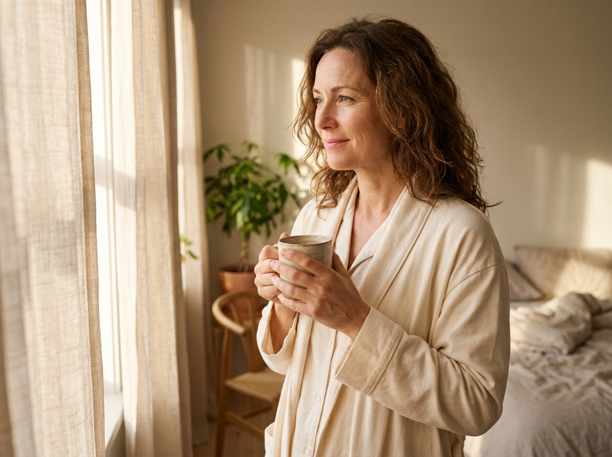 Woman in cream cotton robe holding a coffee mug at a sunlit window in soft morning light