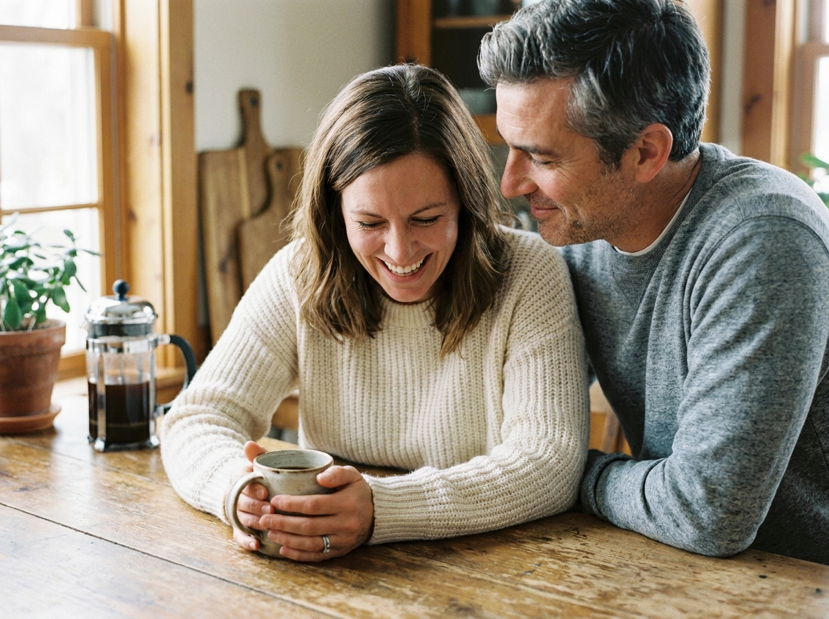 Couple in their late forties at a wooden kitchen table laughing together in warm morning light