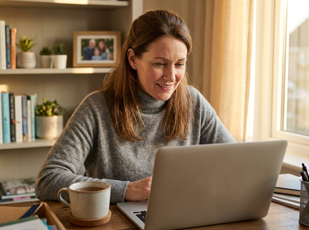 Woman in her late forties working calmly at a home desk in soft afternoon light
