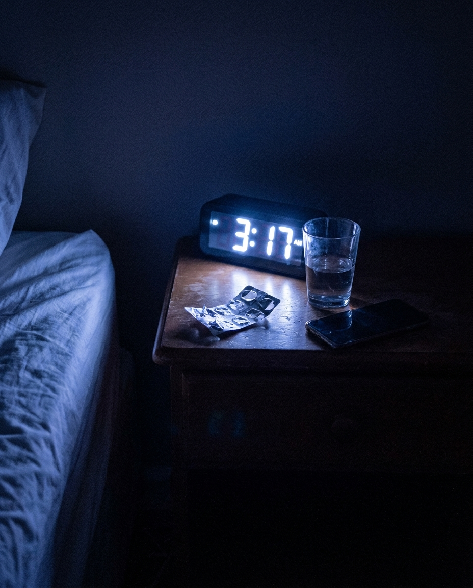 A bedside clock showing 3:17AM in blue light, phone face-down, empty blister pack on nightstand