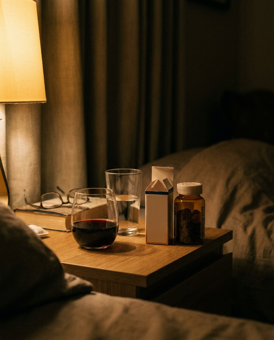 A bedside table with a melatonin bottle, antihistamine box, and a half-empty glass of wine — the nightly protocol