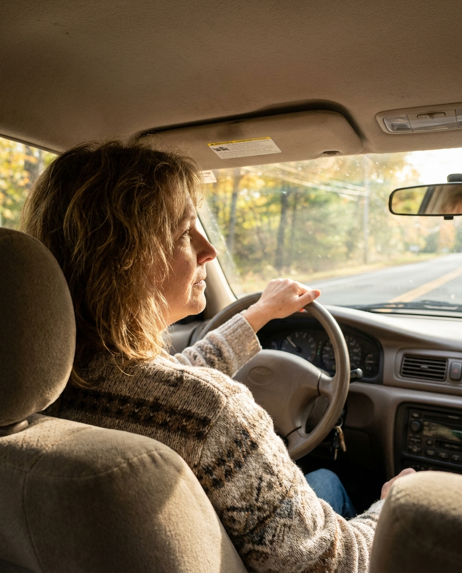 A woman in her early sixties driving a car on a quiet road in morning light, calm and alert