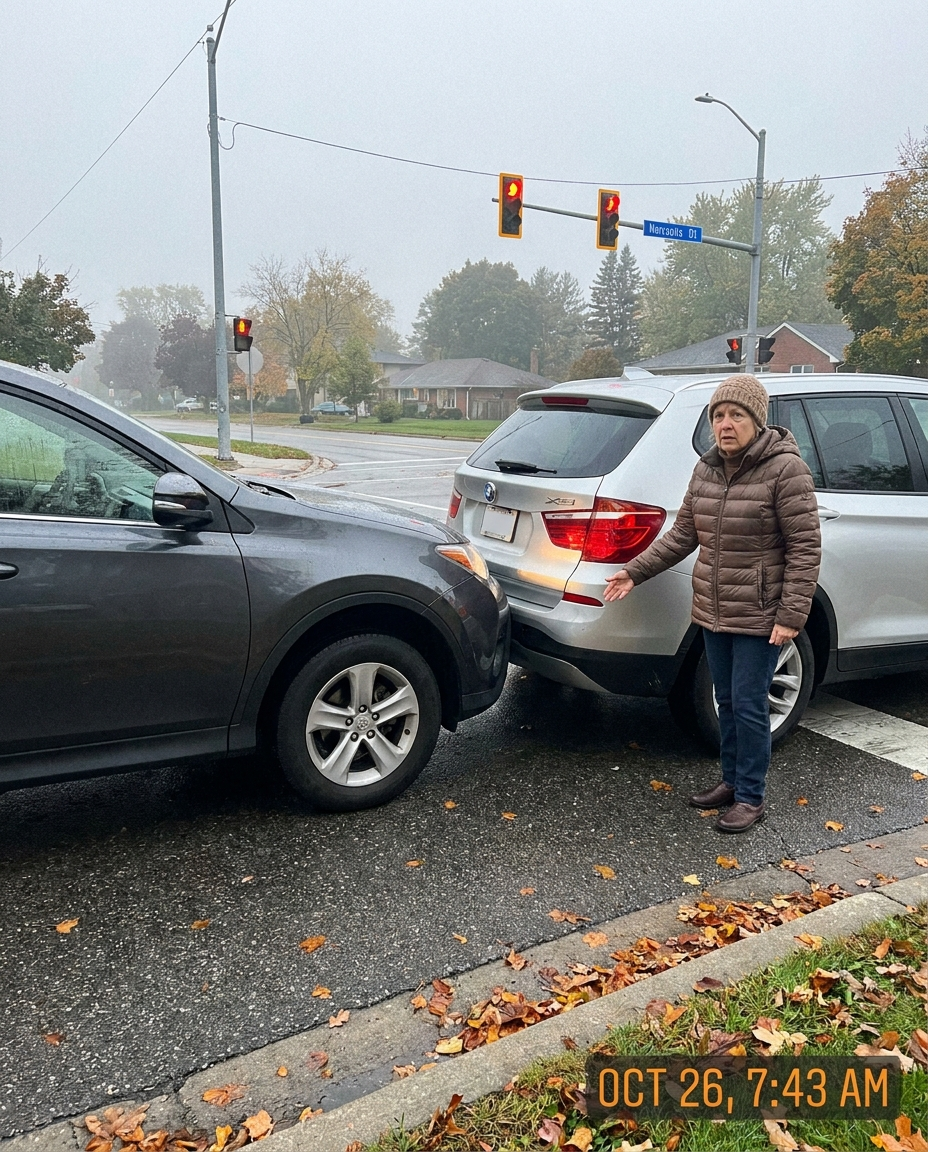 Two cars on a quiet suburban street after a minor rear-end collision, photographed from the curb in early morning light