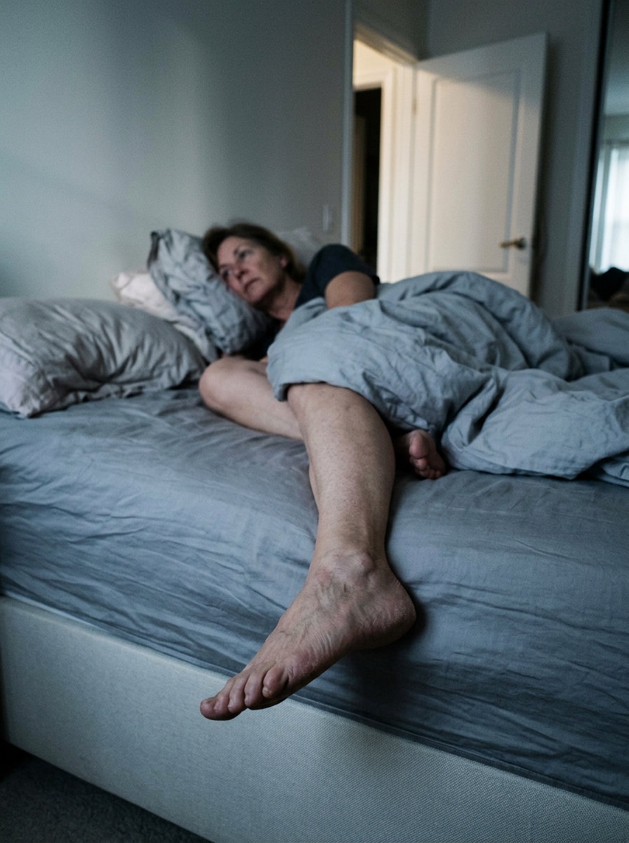 Woman lying awake in bed at 2am, one foot visible at the edge of the mattress, cool grey-blue bedroom light