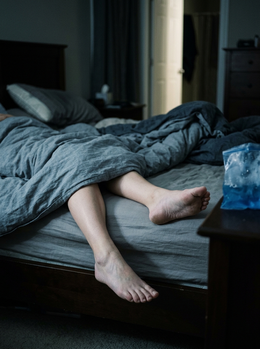 Bare feet at the edge of a mattress at night, duvet pushed aside, cold pack on nightstand in background