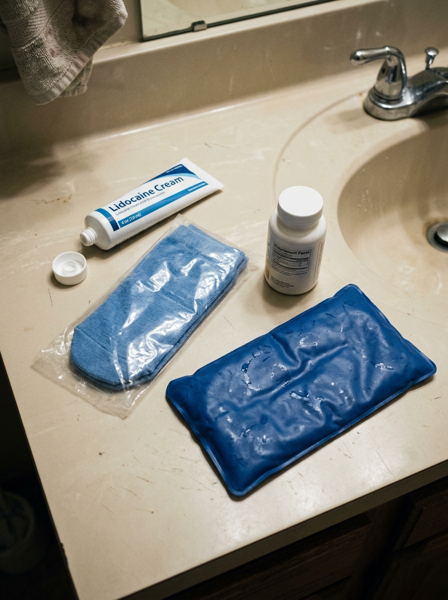 Bathroom counter with lidocaine cream, cooling socks, supplement bottle, and cold pack arranged as actually used