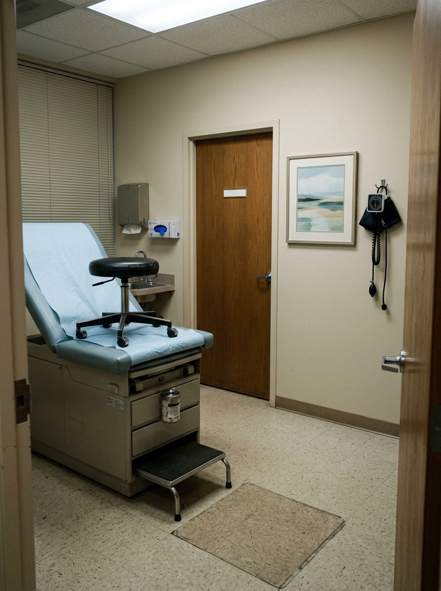Empty medical examination room: exam table, wheeled stool, closed door, no one present