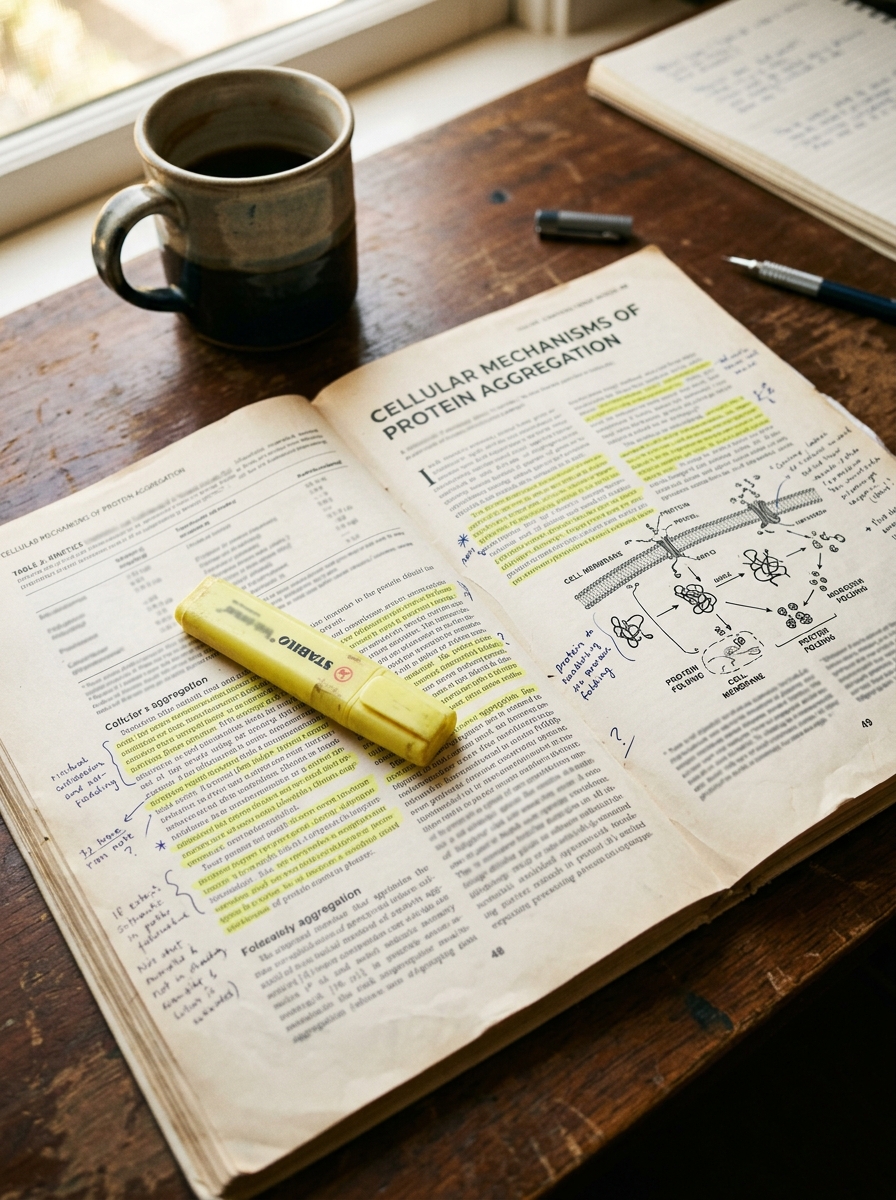 Open scientific research document on desk with handwritten underlines and a highlighter