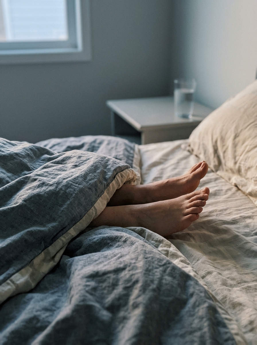 Woman's feet resting under a duvet in early morning light, casual and unremarkable position