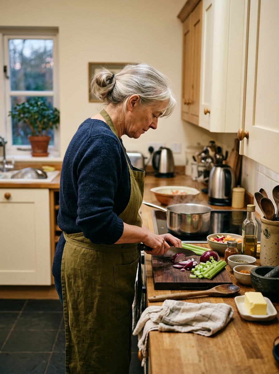 Woman in her early 60s standing at a kitchen counter cooking, engaged in the task, not posed