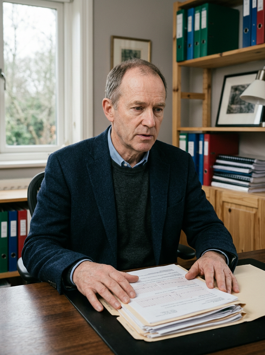Man in his early 50s seated at a desk, hands on documents, looking downward with measured gravity