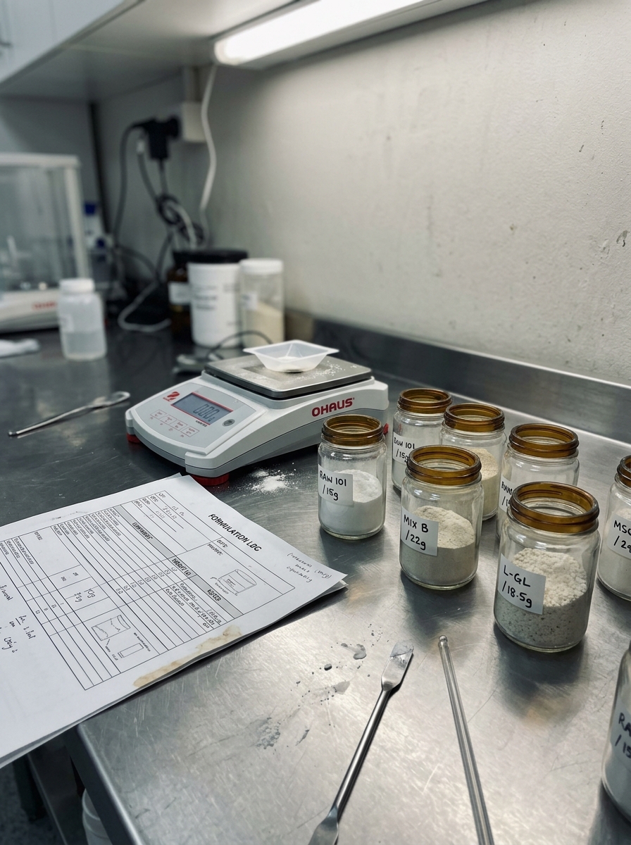 Supplement formulation workspace with specimen jars, specification sheet, and digital scale