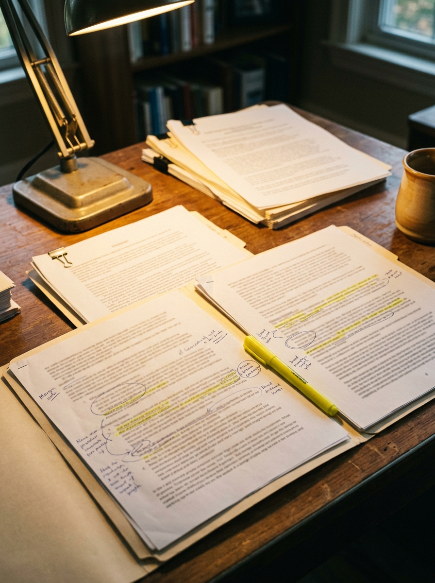 Desk with stacked annotated research documents, highlighter across the pages, coffee mug at the edge