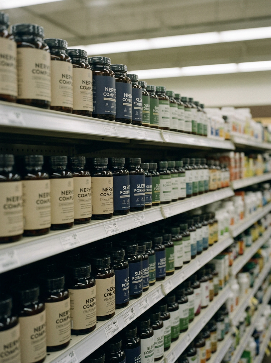 Supplement store aisle with row of similar nerve-support bottles facing outward on retail shelves